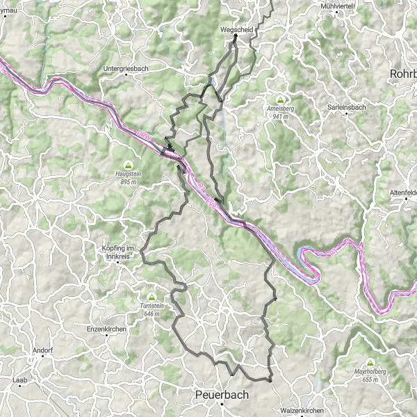 Map miniature of "Wegscheid-Jochenstein Circular Road Cycling Route" cycling inspiration in Niederbayern, Germany. Generated by Tarmacs.app cycling route planner