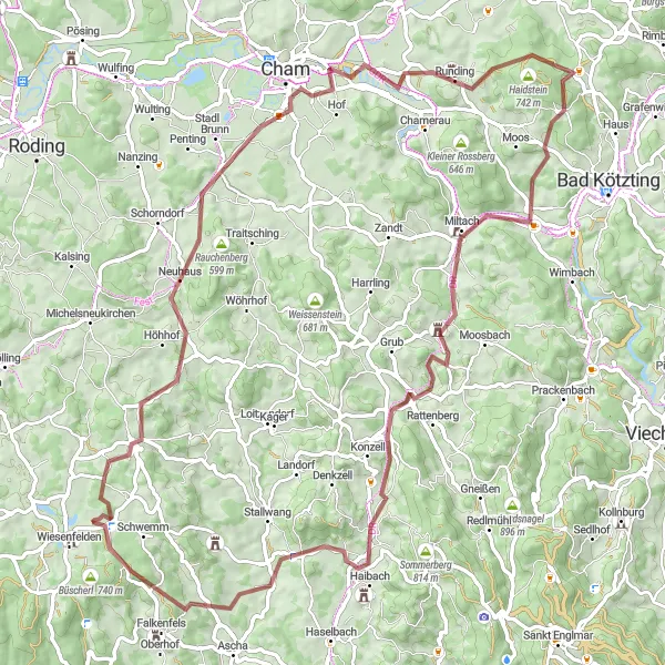 Karten-Miniaturansicht der Radinspiration "Abenteuertour entlang von Faschaberg und Hohenried" in Niederbayern, Germany. Erstellt vom Tarmacs.app-Routenplaner für Radtouren