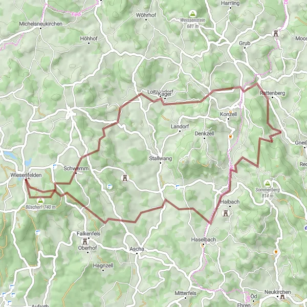 Karten-Miniaturansicht der Radinspiration "Rundtour um Wiesenfelden: Riesberg und Büscherl" in Niederbayern, Germany. Erstellt vom Tarmacs.app-Routenplaner für Radtouren