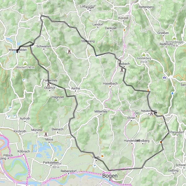Karten-Miniaturansicht der Radinspiration "Road Trip durch Bogen und Ascha" in Niederbayern, Germany. Erstellt vom Tarmacs.app-Routenplaner für Radtouren