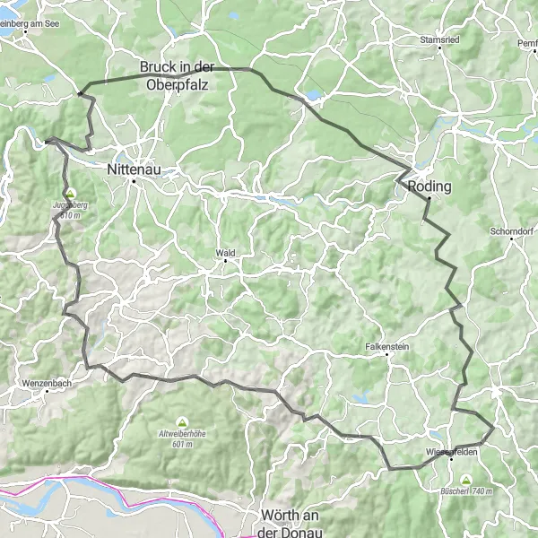 Karten-Miniaturansicht der Radinspiration "Herausfordernde Strecke um Wiesenfelden" in Niederbayern, Germany. Erstellt vom Tarmacs.app-Routenplaner für Radtouren