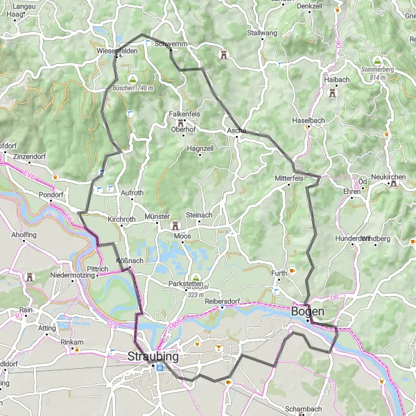 Karten-Miniaturansicht der Radinspiration "Rund um Wiesenfelden" in Niederbayern, Germany. Erstellt vom Tarmacs.app-Routenplaner für Radtouren