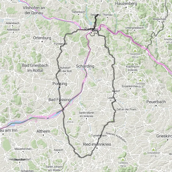 Map miniature of "The Three Rivers Route" cycling inspiration in Niederbayern, Germany. Generated by Tarmacs.app cycling route planner