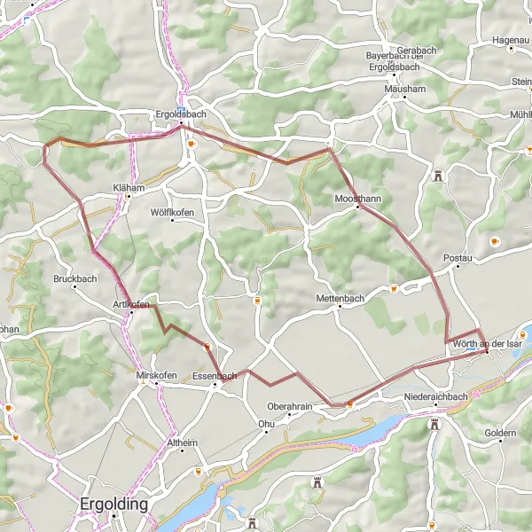 Karten-Miniaturansicht der Radinspiration "Radtour entlang von Essenbach und Ergoldsbach" in Niederbayern, Germany. Erstellt vom Tarmacs.app-Routenplaner für Radtouren