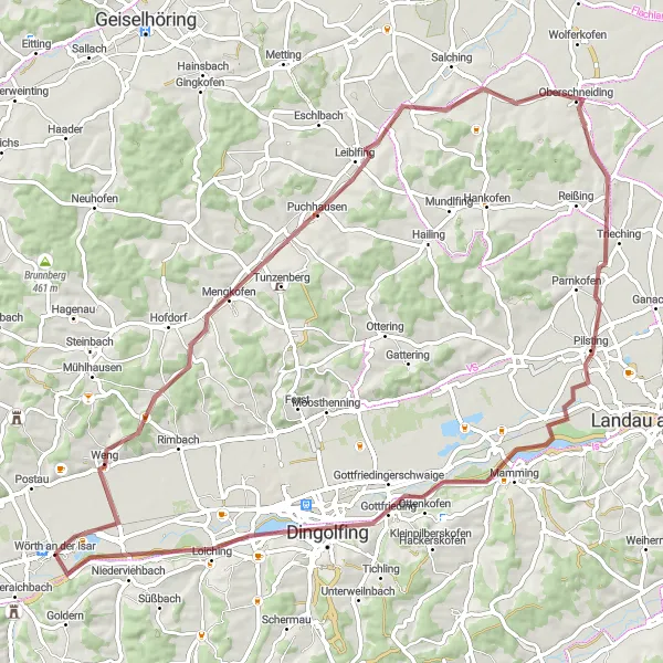 Karten-Miniaturansicht der Radinspiration "Entdeckungstour durch Weng und Pilsting" in Niederbayern, Germany. Erstellt vom Tarmacs.app-Routenplaner für Radtouren