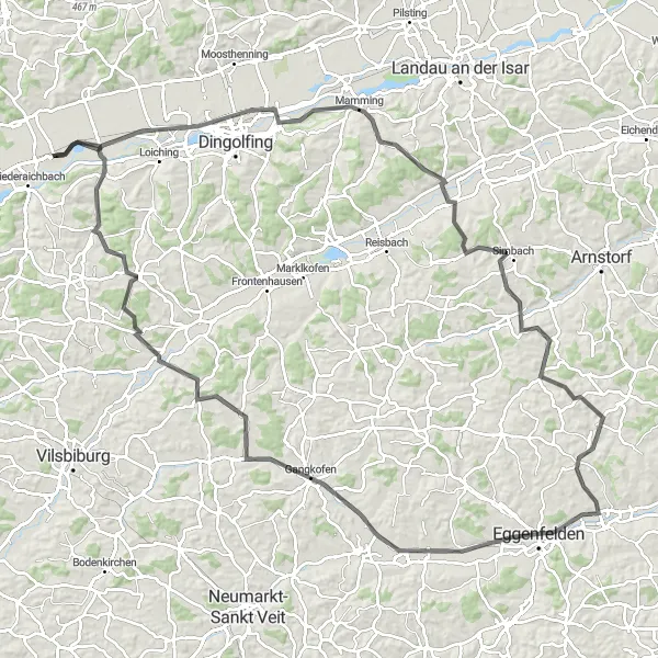 Karten-Miniaturansicht der Radinspiration "Rundfahrt durch Gottfrieding, Simbach und Eggenfelden" in Niederbayern, Germany. Erstellt vom Tarmacs.app-Routenplaner für Radtouren