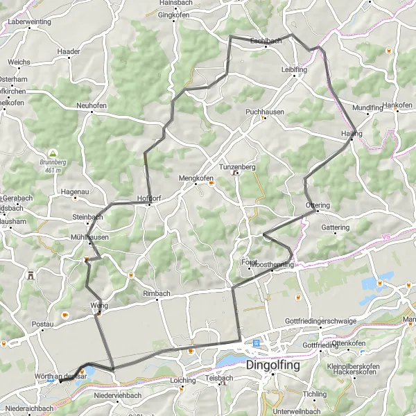 Karten-Miniaturansicht der Radinspiration "Entdeckungstour von Weng nach Thürnthenning" in Niederbayern, Germany. Erstellt vom Tarmacs.app-Routenplaner für Radtouren