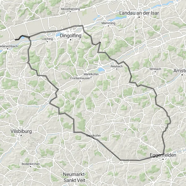 Karten-Miniaturansicht der Radinspiration "Rundtour durch Gottfrieding, Eggenfelden und Gangkofen" in Niederbayern, Germany. Erstellt vom Tarmacs.app-Routenplaner für Radtouren