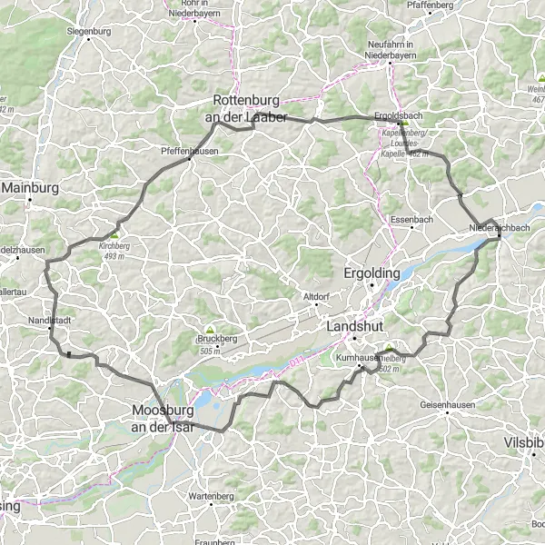 Map miniature of "Wörth an der Isar to Hohe Bürg Loop" cycling inspiration in Niederbayern, Germany. Generated by Tarmacs.app cycling route planner