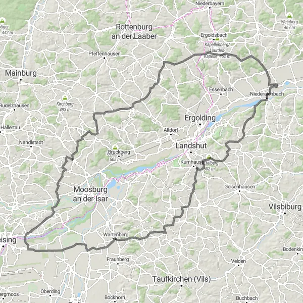 Karten-Miniaturansicht der Radinspiration "Hügelige Rundtour durch Niederbayern" in Niederbayern, Germany. Erstellt vom Tarmacs.app-Routenplaner für Radtouren