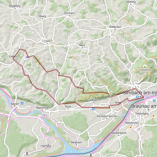 Map miniature of "Simbach Gravel Adventure" cycling inspiration in Niederbayern, Germany. Generated by Tarmacs.app cycling route planner