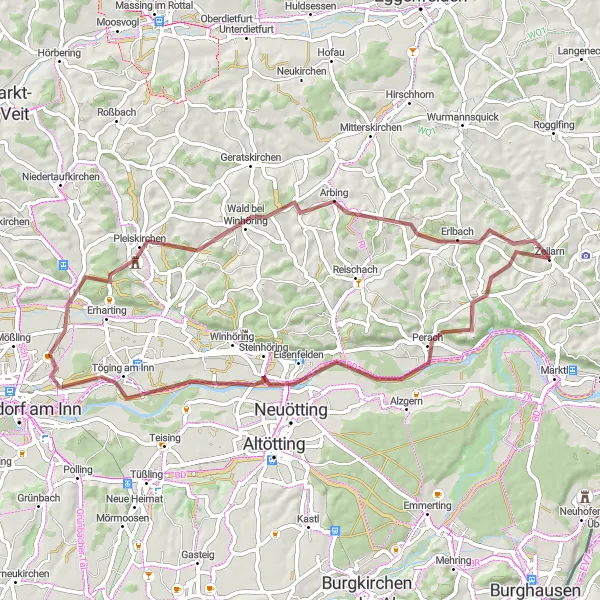 Karten-Miniaturansicht der Radinspiration "Abenteuerliche Schottertour durch Zeilarn" in Niederbayern, Germany. Erstellt vom Tarmacs.app-Routenplaner für Radtouren