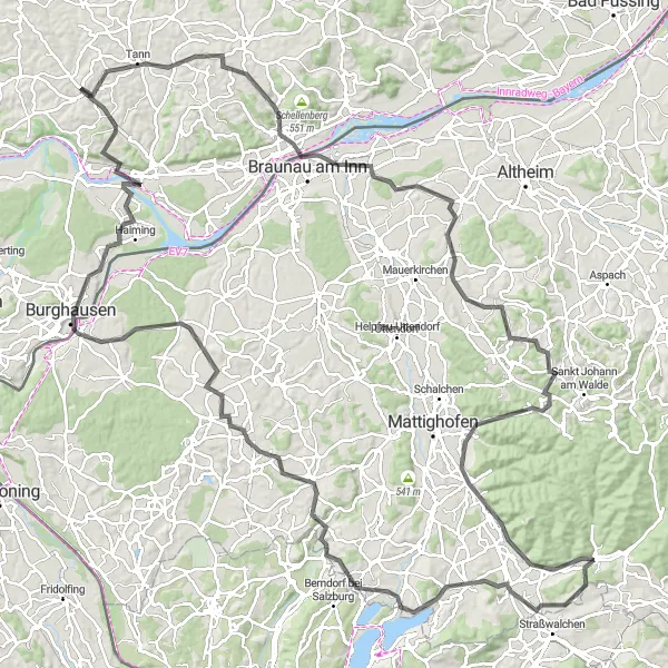 Map miniature of "Inn-Salzach Circuit" cycling inspiration in Niederbayern, Germany. Generated by Tarmacs.app cycling route planner