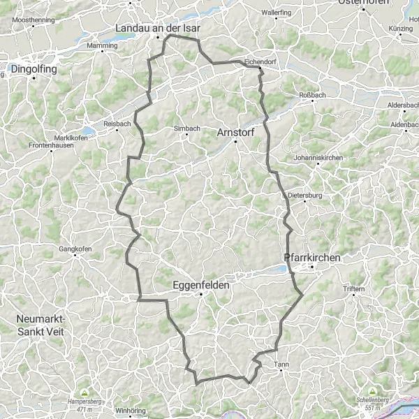 Karten-Miniaturansicht der Radinspiration "Hügellandschaft um Eichendorf" in Niederbayern, Germany. Erstellt vom Tarmacs.app-Routenplaner für Radtouren