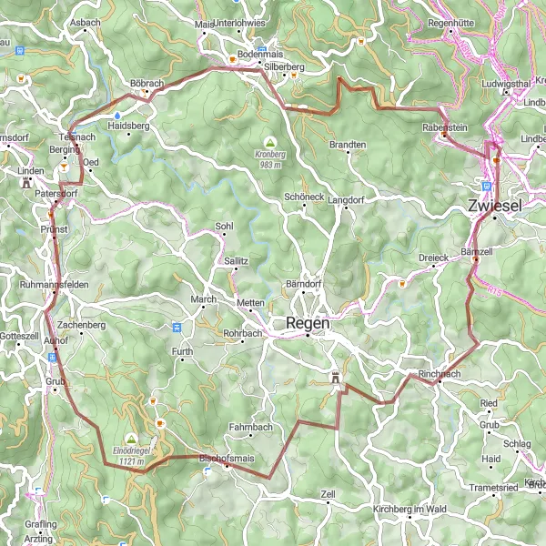 Map miniature of "Zwiesel – Asberg – Rinchnach – Geißkopf – Blattenbigel – Böbrach – Hennenkobel – Theresienthal – Zwiesel" cycling inspiration in Niederbayern, Germany. Generated by Tarmacs.app cycling route planner
