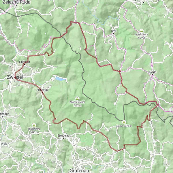 Map miniature of "Zwiesel – Lindberg – Adamova hora – Vchynice-Tetov II – Černá Hora – Bučina – Baumwipfelpfad – Neuschönau – Siebenrücken – Frauenau – Zwiesel" cycling inspiration in Niederbayern, Germany. Generated by Tarmacs.app cycling route planner
