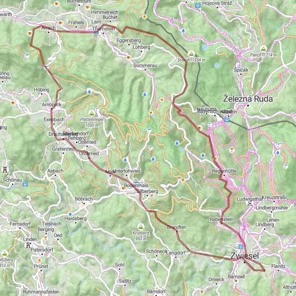 Map miniature of "The Silberberg Gravel Escape" cycling inspiration in Niederbayern, Germany. Generated by Tarmacs.app cycling route planner
