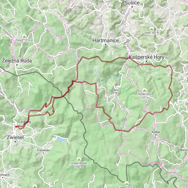 Map miniature of "Zwiesel – Spiegelhütte – Horská Kvilda – Tříjezerní slať – Oblík – Slunečná – Lindberg – Zwiesel" cycling inspiration in Niederbayern, Germany. Generated by Tarmacs.app cycling route planner