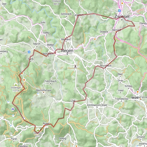 Map miniature of "The Zwiesel Gravel Adventure" cycling inspiration in Niederbayern, Germany. Generated by Tarmacs.app cycling route planner