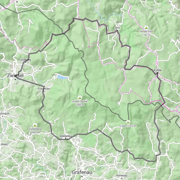 Map miniature of "The Zwiesel Cycling Challenge" cycling inspiration in Niederbayern, Germany. Generated by Tarmacs.app cycling route planner