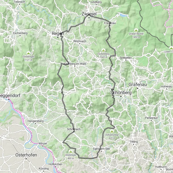 Map miniature of "Zwiesel Loop" cycling inspiration in Niederbayern, Germany. Generated by Tarmacs.app cycling route planner