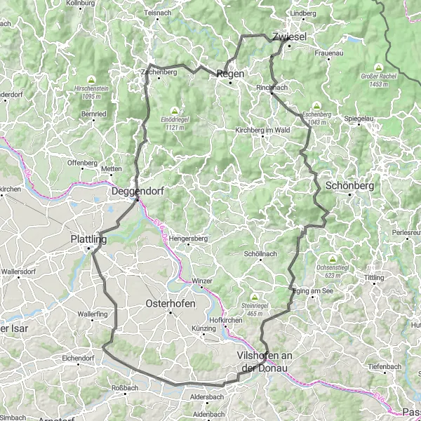 Karten-Miniaturansicht der Radinspiration "Epische Road-Tour durch Deggendorf und Vilshofen" in Niederbayern, Germany. Erstellt vom Tarmacs.app-Routenplaner für Radtouren