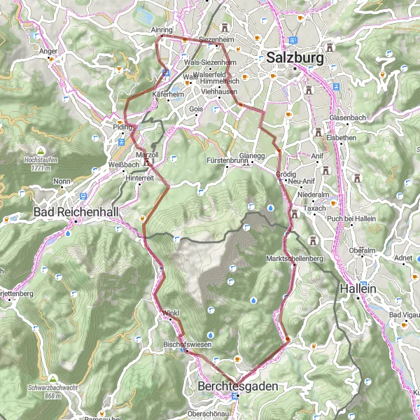 Map miniature of "Gravel Adventure in the Bavarian Alps" cycling inspiration in Oberbayern, Germany. Generated by Tarmacs.app cycling route planner