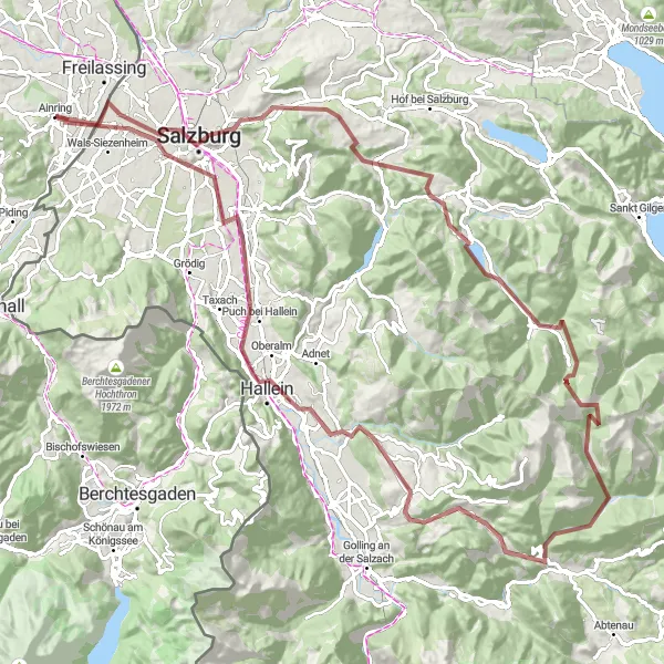 Map miniature of "Gravel Adventure: Salzburg Loop" cycling inspiration in Oberbayern, Germany. Generated by Tarmacs.app cycling route planner