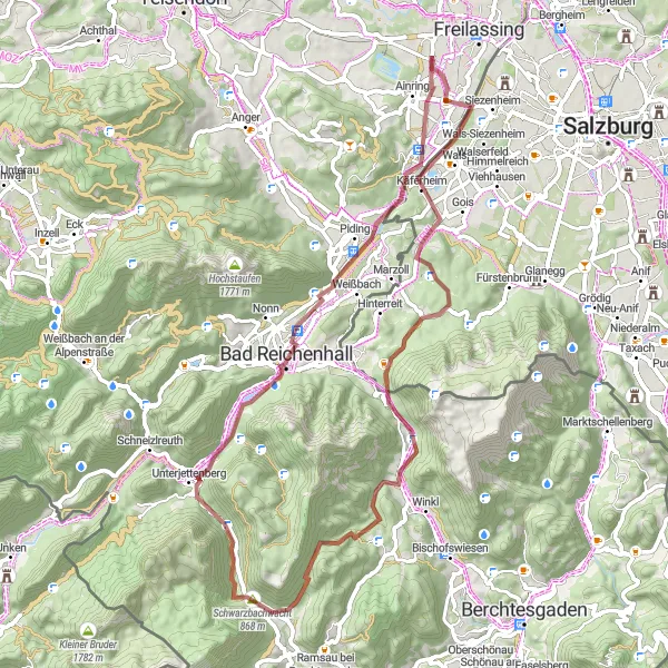 Map miniature of "Ultimate Ainring Gravel Challenge" cycling inspiration in Oberbayern, Germany. Generated by Tarmacs.app cycling route planner