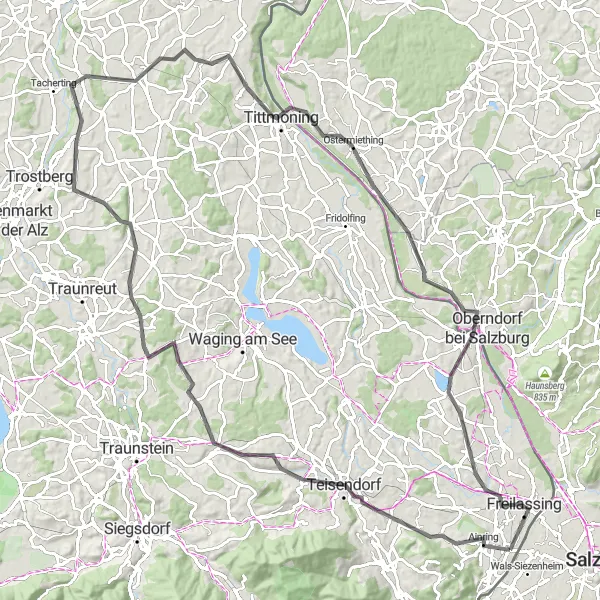Map miniature of "Road Cycling: Scenic Alps Tour" cycling inspiration in Oberbayern, Germany. Generated by Tarmacs.app cycling route planner