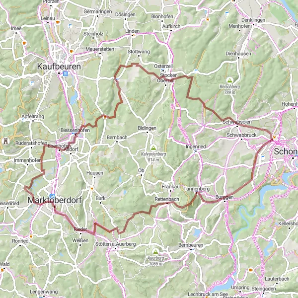 Map miniature of "Bavarian Gravel Escape" cycling inspiration in Oberbayern, Germany. Generated by Tarmacs.app cycling route planner