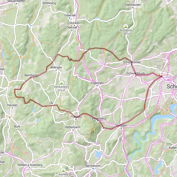 Map miniature of "Altenstadt to Burggen Gravel Route" cycling inspiration in Oberbayern, Germany. Generated by Tarmacs.app cycling route planner