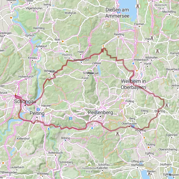 Map miniature of "The Gravel Adventure" cycling inspiration in Oberbayern, Germany. Generated by Tarmacs.app cycling route planner