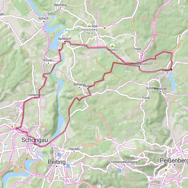 Map miniature of "The Hidden Trails" cycling inspiration in Oberbayern, Germany. Generated by Tarmacs.app cycling route planner