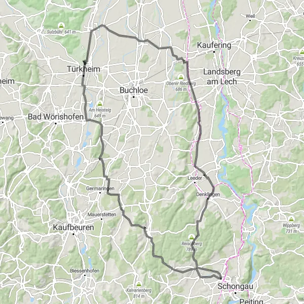 Map miniature of "The Romantic Road Explorer" cycling inspiration in Oberbayern, Germany. Generated by Tarmacs.app cycling route planner