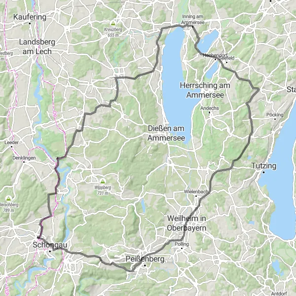 Map miniature of "Ammersee Loop Road Bike Tour" cycling inspiration in Oberbayern, Germany. Generated by Tarmacs.app cycling route planner