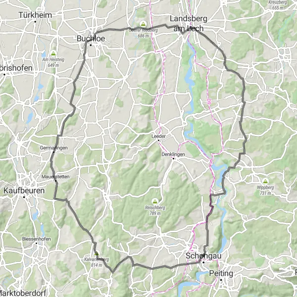 Map miniature of "The Bavarian Hill Country" cycling inspiration in Oberbayern, Germany. Generated by Tarmacs.app cycling route planner