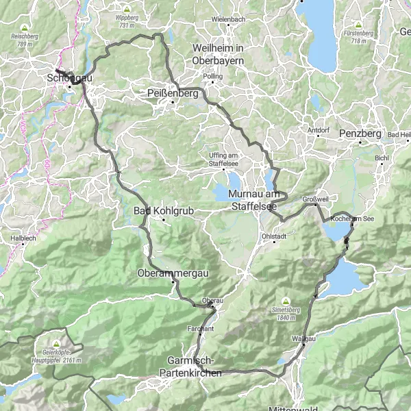 Map miniature of "The Alpine Challenge" cycling inspiration in Oberbayern, Germany. Generated by Tarmacs.app cycling route planner