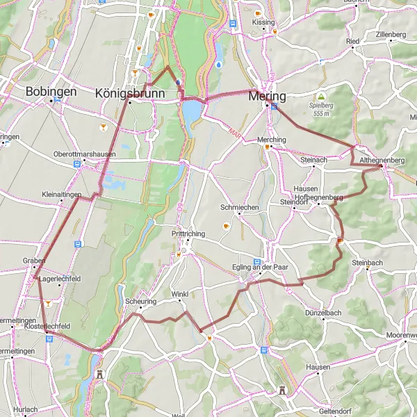 Karten-Miniaturansicht der Radinspiration "Durch die Paarauen nach Königsbrunn" in Oberbayern, Germany. Erstellt vom Tarmacs.app-Routenplaner für Radtouren