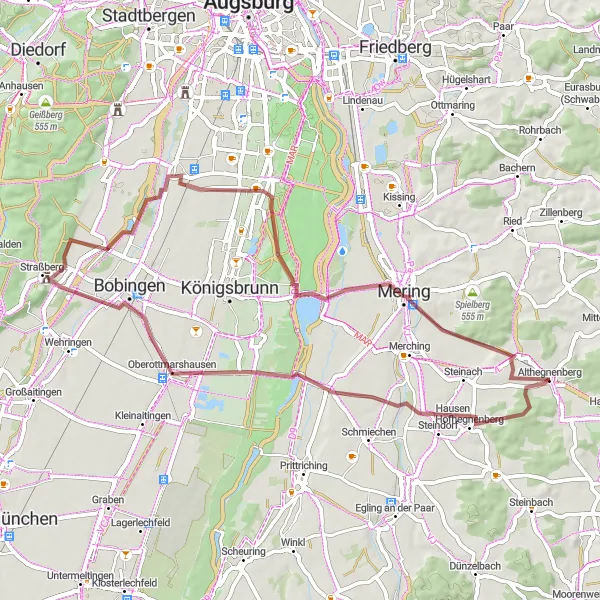 Map miniature of "Gravel through the Countryside" cycling inspiration in Oberbayern, Germany. Generated by Tarmacs.app cycling route planner