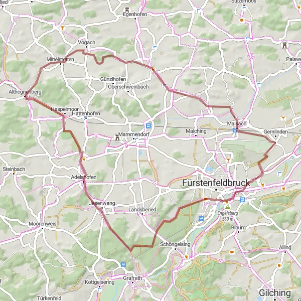 Map miniature of "Gravel Adventure to Gernlinden" cycling inspiration in Oberbayern, Germany. Generated by Tarmacs.app cycling route planner