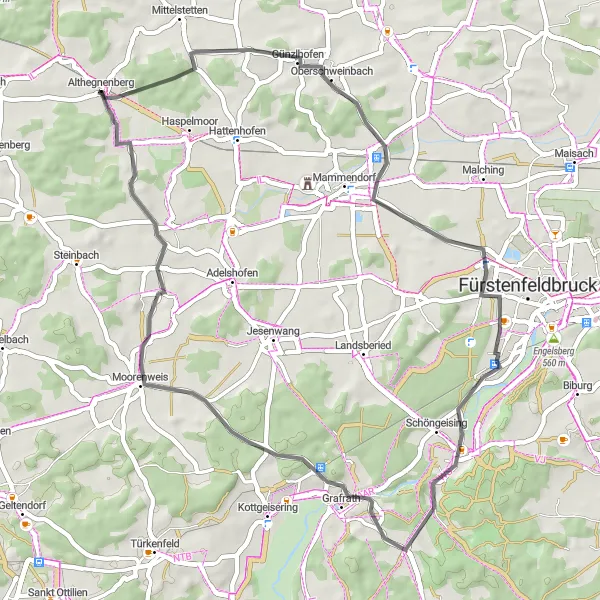 Karten-Miniaturansicht der Radinspiration "Durch Hügel und Täler um Althegnenberg" in Oberbayern, Germany. Erstellt vom Tarmacs.app-Routenplaner für Radtouren