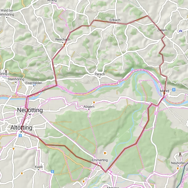 Map miniature of "Reischach Marktl Loop" cycling inspiration in Oberbayern, Germany. Generated by Tarmacs.app cycling route planner