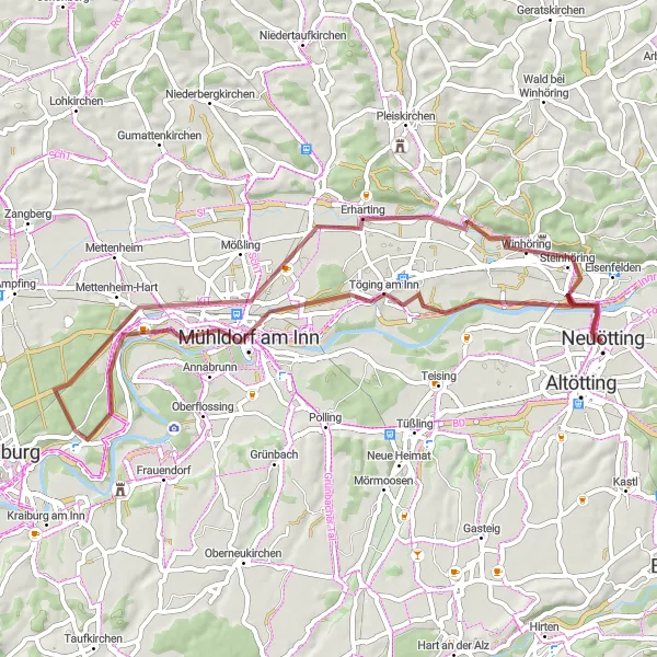 Map miniature of "The Inn River Adventure" cycling inspiration in Oberbayern, Germany. Generated by Tarmacs.app cycling route planner