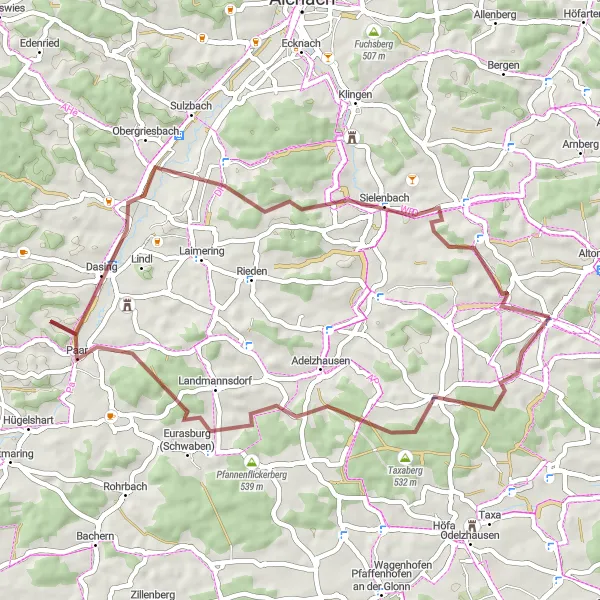 Map miniature of "The Bavarian Countryside Gravel Loop" cycling inspiration in Oberbayern, Germany. Generated by Tarmacs.app cycling route planner