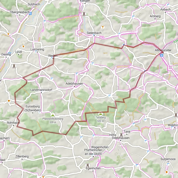 Map miniature of "Altomünster Gravel Adventure" cycling inspiration in Oberbayern, Germany. Generated by Tarmacs.app cycling route planner