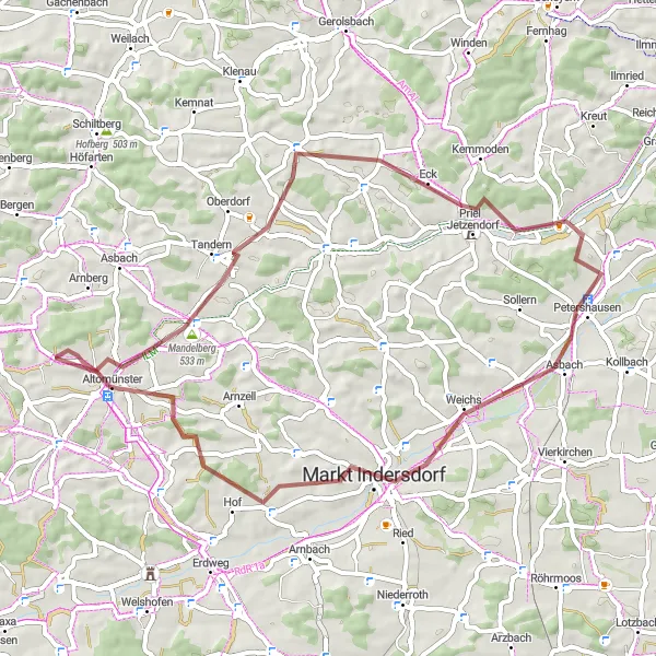 Map miniature of "The Gravel Adventure Trail" cycling inspiration in Oberbayern, Germany. Generated by Tarmacs.app cycling route planner