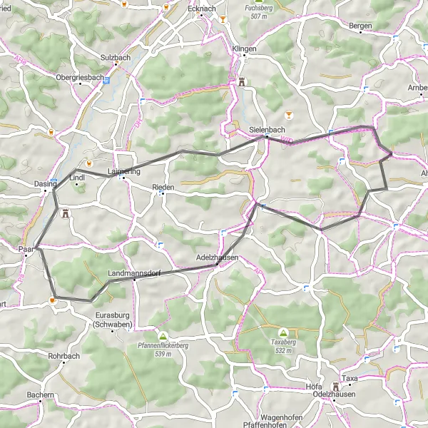 Map miniature of "Altomünster Circular Route" cycling inspiration in Oberbayern, Germany. Generated by Tarmacs.app cycling route planner