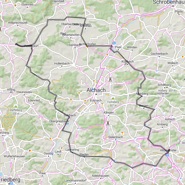 Map miniature of "Altomünster to Oberndorf Road Cycle" cycling inspiration in Oberbayern, Germany. Generated by Tarmacs.app cycling route planner