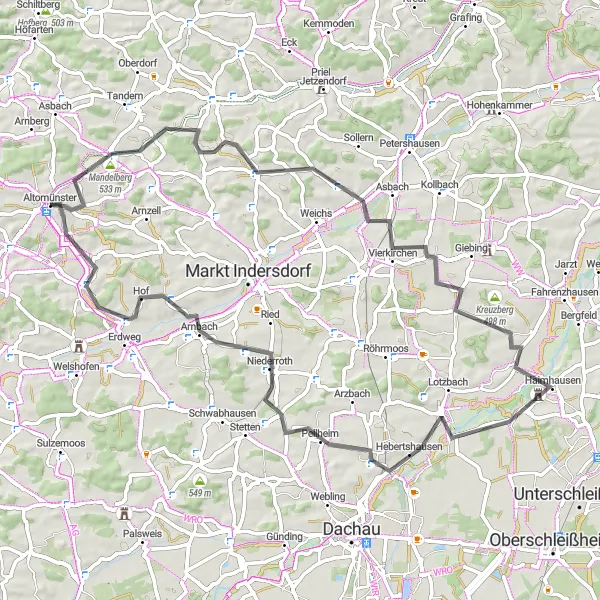 Map miniature of "Altomünster Adventure Ride" cycling inspiration in Oberbayern, Germany. Generated by Tarmacs.app cycling route planner